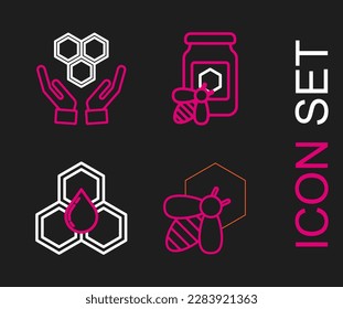 Set line Bee and honeycomb, Honeycomb, Jar of with bee and hands icon. Vector