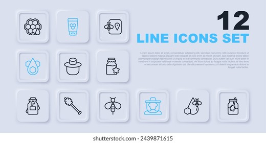 Set line Bee and honeycomb, Jar of dipper stick, Beekeeper with protect hat, Honeycomb, Cosmetic tube and  icon. Vector