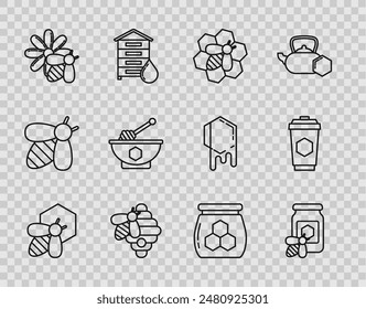 Set line Bee and honeycomb, Jar of with bee, Hive for bees, flower, Honey dipper stick bowl,  and Cup tea icon. Vector