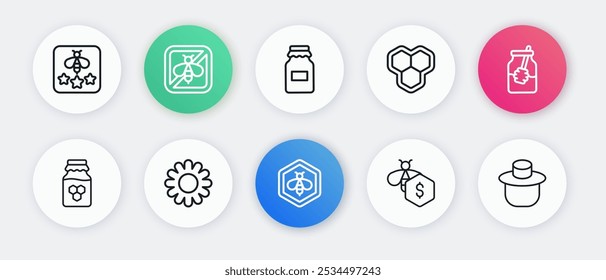 Set line Bee and honeycomb, Jar of dipper stick, Sale bees, Honeycomb, Beekeeper with protect hat and Flower icon. Vector