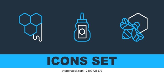 Set line Bee and honeycomb, Honeycomb and Jar of icon. Vector