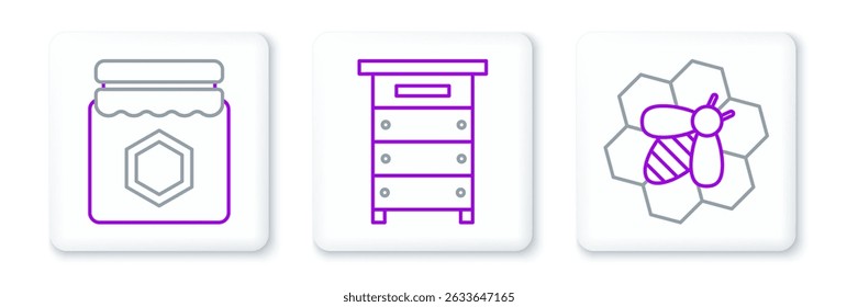 Set line Bee and honeycomb, Jar of and Hive for bees icon. Vector