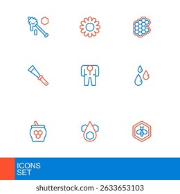 Set line Bee and honeycomb, Honeycomb, Jar of dipper stick, Drops, Beekeeping knife, Beekeeper costume,  and Flower icon. Vector