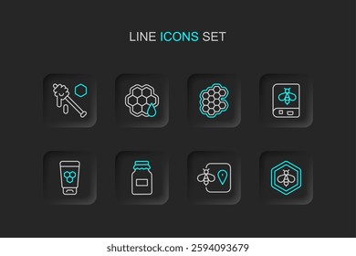 Set line Bee and honeycomb, location, Jar of, Cosmetic tube with, Book about bee, Honeycomb,  and dipper stick icon. Vector