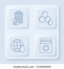 Set line Bee and honeycomb, Honeycomb, Honeycomb map of the world and Jar of honey. White square button. Vector