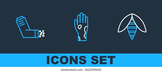 Set line Bee, Inhaler and Hand with psoriasis or eczema icon. Vector