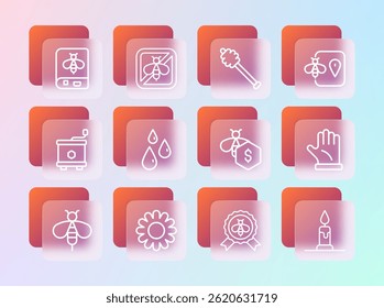 Set line Bee location, Flower, Sale of bees, Best, Drops honey, Honey dipper stick, Book about and Stop icon. Vector