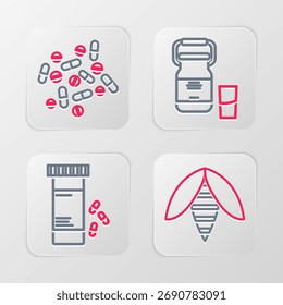 Abeja de la línea del sistema, botella de la medicina y píldoras, envase de la lata para la leche y el icono de la tableta. Vector