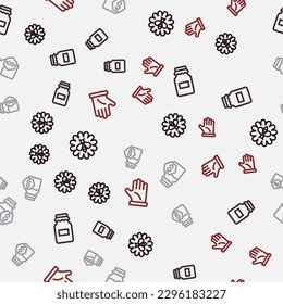 Set line Bee on flower, Jar of honey, Sale in jar and Beekeeper glove on seamless pattern. Vector