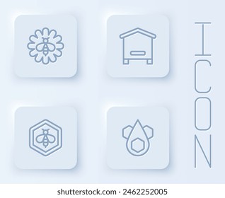 Set line Bee on flower, Hive for bees, and honeycomb and Honeycomb. White square button. Vector