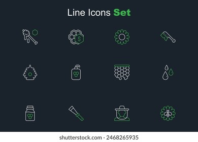 Set line Bee on flower, Beekeeper with protect hat, Beekeeping knife, Jar of honey, Drops, Honeycomb, Cosmetic tube and Hive for bees icon. Vector