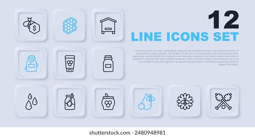 Set line Bee on flower, Honey dipper stick, Cosmetic tube with honey, and honeycomb, Jar of, Honeycomb and  icon. Vector