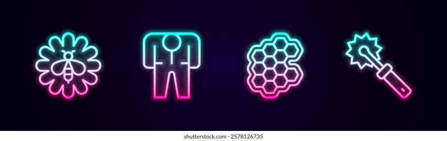 Set line Bee on flower, Beekeeper costume, Honeycomb and Cutter roll for honey. Glowing neon icon. Vector