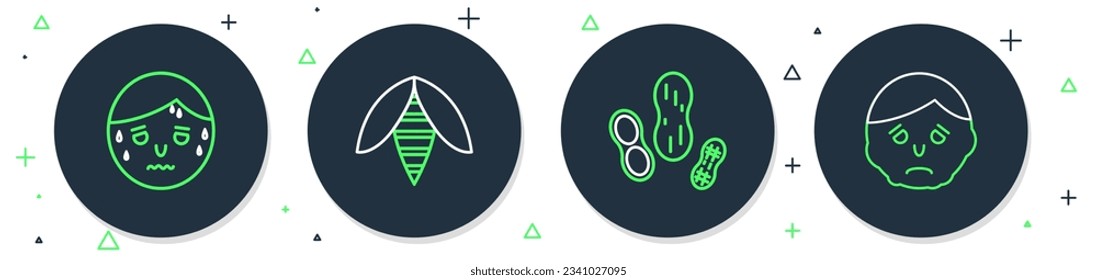 Set line Bee, Peanut, Man with excessive sweating and Inflammation on face icon. Vector