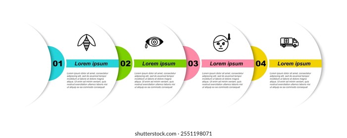 Set line Bee, Reddish eye allergic conjunctivitis, High human body temperature and Emergency car. Business infographic template. Vector