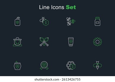 Set line Bee, Sale of honeycomb, Honey award, Jar and dipper stick, Flower, Cosmetic tube with,  and Beekeeper protect hat icon. Vector