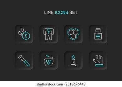 Set Linie Imkerhandschuh, Brennende Kerze, Glas Honig Dipper Stock, Imkermesser, Honigwabe, Kostüm und Verkauf Bienen Symbol. Vektorgrafik