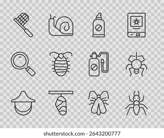Set line Beekeeper hat, Ant, Spray against insects, Butterfly cocoon, net, Larva, Clothes moth and Spider icon. Vector