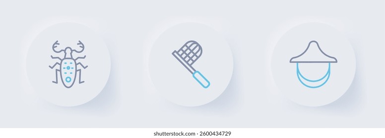Set line Beekeeper hat, Butterfly net and Beetle deer icon. Vector