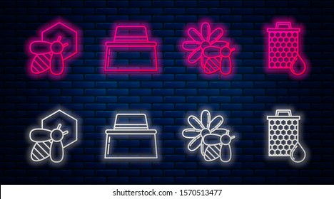 Set line Beekeeper with protect hat, Bee and flower, Bee and honeycomb and Honeycomb. Glowing neon icon on brick wall. Vector