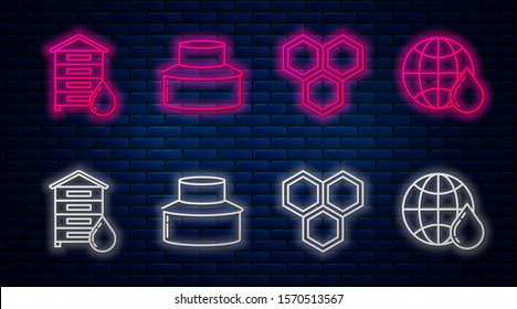 Set line Beekeeper with protect hat, Honeycomb, Hive for bees and Honeycomb map of the world. Glowing neon icon on brick wall. Vector