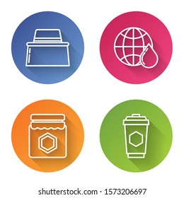 Set line Beekeeper with protect hat, Honeycomb map of the world, Jar of honey and Cup of tea with honey. Color circle button. Vector