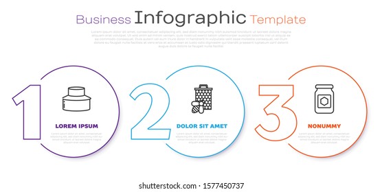 Set line Beekeeper with protect hat, Bee and honeycomb and Jar of honey. Business infographic template. Vector