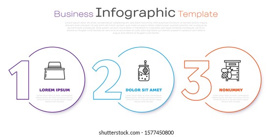 Set line Beekeeper with protect hat, Jar of honey and honey dipper stick and Hive for bees. Business infographic template. Vector