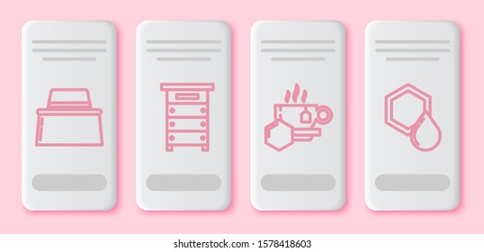 Set line Beekeeper with protect hat, Hive for bees, Cup of tea with honey and Honeycomb. White rectangle button. Vector