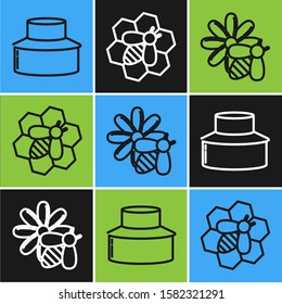 Set line Beekeeper with protect hat, Bee and flower and Bee and honeycomb icon. Vector