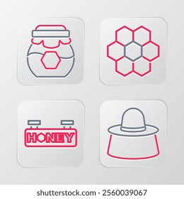 Set line Beekeeper with protect hat, Hanging sign honeycomb, Honeycomb and Jar of icon. Vector