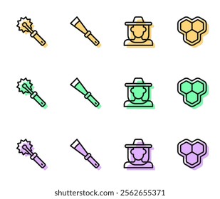 Set line Beekeeper with protect hat, Cutter roll for honey, Beekeeping knife and Honeycomb icon. Vector