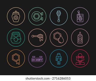 Set line Beekeeper with protect hat, Jar of honey, Honey dipper stick, Honeycomb and Hanging sign honeycomb icon. Vector