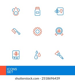 Set line Beekeeping brush, Drops of honey, Book about bee, Best, Flower, location and Jar icon. Vector