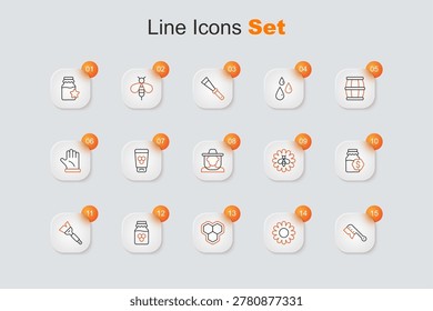 Set line Beekeeping brush, Flower, Honeycomb, Jar of honey, Sale jar, flower and Beekeeper with protect hat icon. Vector