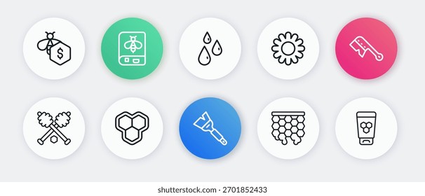 Cepillo de la apicultura de la línea del sistema, palillo del cucharón de la miel, nido de abeja, flor, gotas de miel, tubo cosmético con el icono. Vector