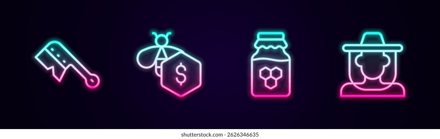 Set line Beekeeping brush, Sale of bees, Jar honey and Beekeeper with protect hat. Glowing neon icon. Vector