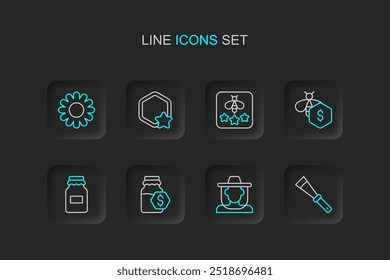 Set line Cuchillo de apicultura, Apicultor con sombrero de protección, frasco de venta de miel, tarro, abejas, tipo, panal e icono de flor. Vector