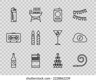 Set line Beer bottle, Birthday party horn, can, Open cigarettes pack box, Lighter, cake candles, Wine glasses stacked in pyramid tower and Music streaming service icon. Vector