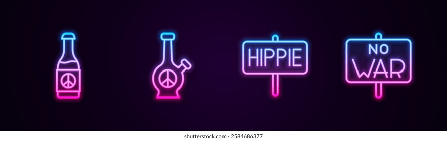 Set line Beer bottle, Bong, Peace and No war. Glowing neon icon. Vector
