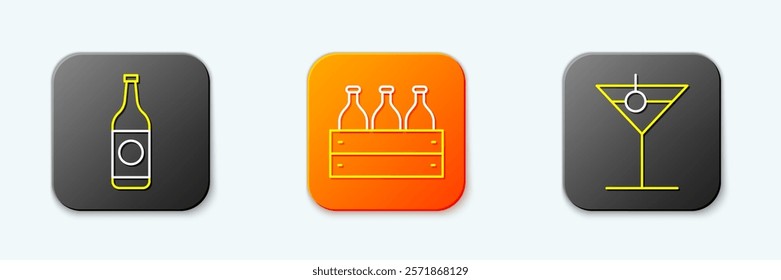 Set line Beer bottle, Bottles of wine in a wooden box and Martini glass icon. Vector