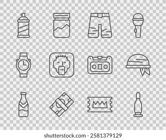 Set line Beer bottle, Bullet, Wide pants, Stacks paper money cash, Paint spray can, Rapper, Concert ticket and Bandana icon. Vector