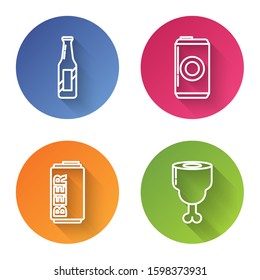 Set line Beer bottle, Beer can, Beer can and Chicken leg. Color circle button. Vector