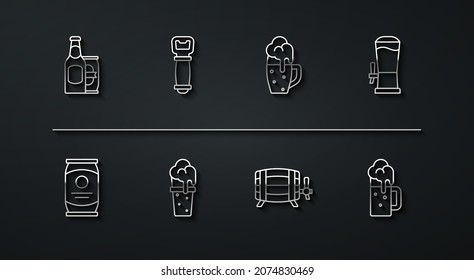 Set line Beer bottle and beer can, tap, Wooden barrel, Glass of, Bottle opener, mug and  icon. Vector