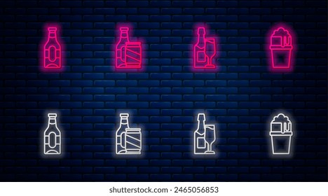Set line Beer bottle and beer can, Champagne glass,  and Glass of. Glowing neon icon on brick wall. Vector