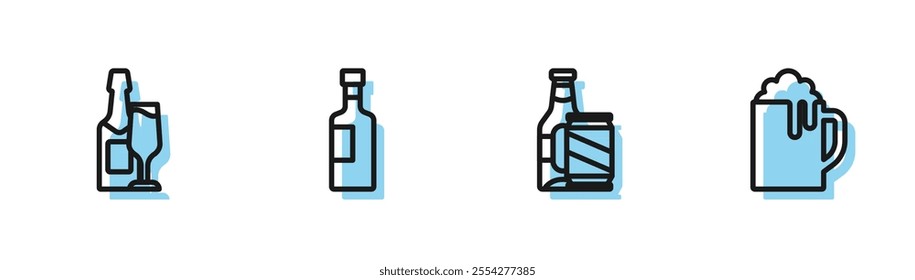 Set line Beer bottle and beer can, Champagne glass, Wine and Wooden mug icon. Vector