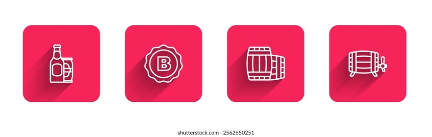 Set line Beer bottle and beer can, Bottle cap with, Wooden barrel and  with long shadow. Red square button. Vector