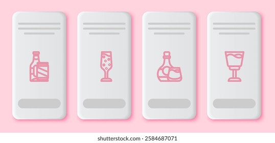 Set line Beer bottle and beer can, Glass of champagne, Whiskey glass and Wine. White rectangle button. Vector