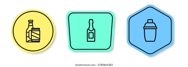 Set line Beer bottle and beer can, Champagne and Cocktail shaker. Colored shapes. Vector