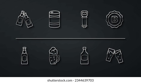 Set line Beer bottle, Bottle cap with beer, Glass of, Metal keg,  and opener icon. Vector